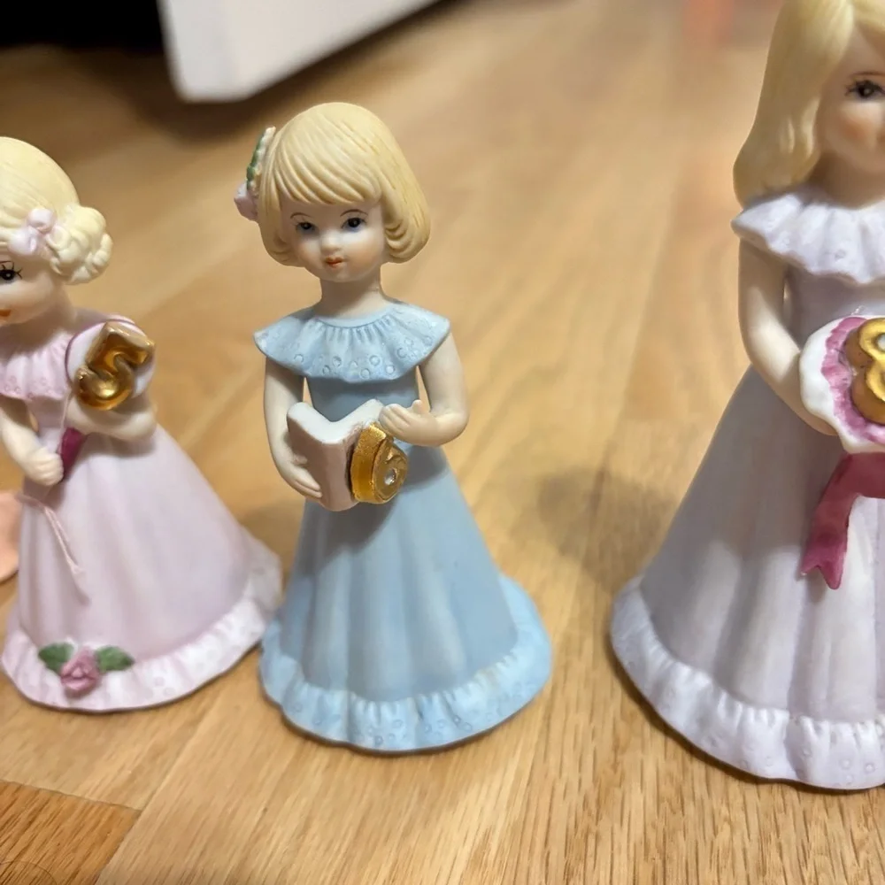 Vintage Enesco Growing Up Girls Porcelain Dolls 5 6 8 Birthday Blonde Blue Pink